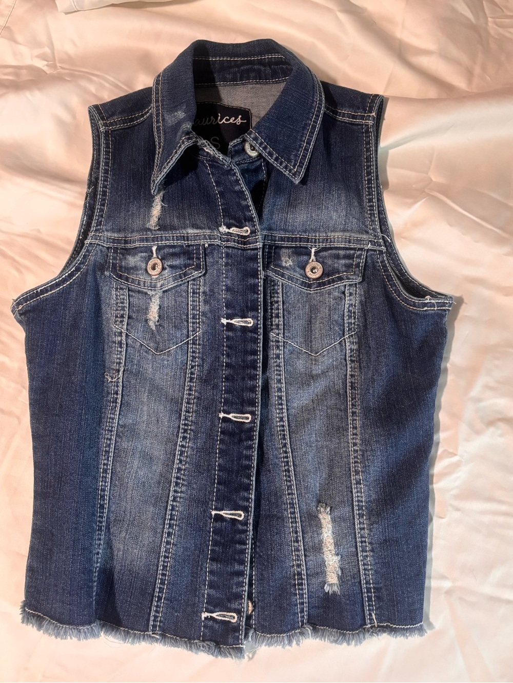 Maurices Dark Blue Distressed Denim Vest